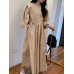 Pleat Solid Puff Sleeve Round Neck Midi Dress