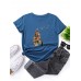 Women Cartoon Girl   Cat Print O  Neck Short Sleeve Casual T  Shirts