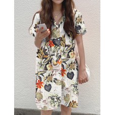 Cottagecore Plant Print Pocket Button Split Cotton Shirt Dress