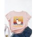 Cartoon Cat Slogan Print Round Neck T  shirt For Women