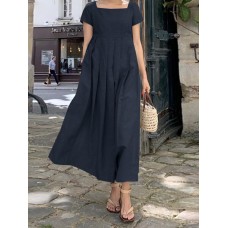 Short Sleeve Square Neck Pleat Solid Midi Dress