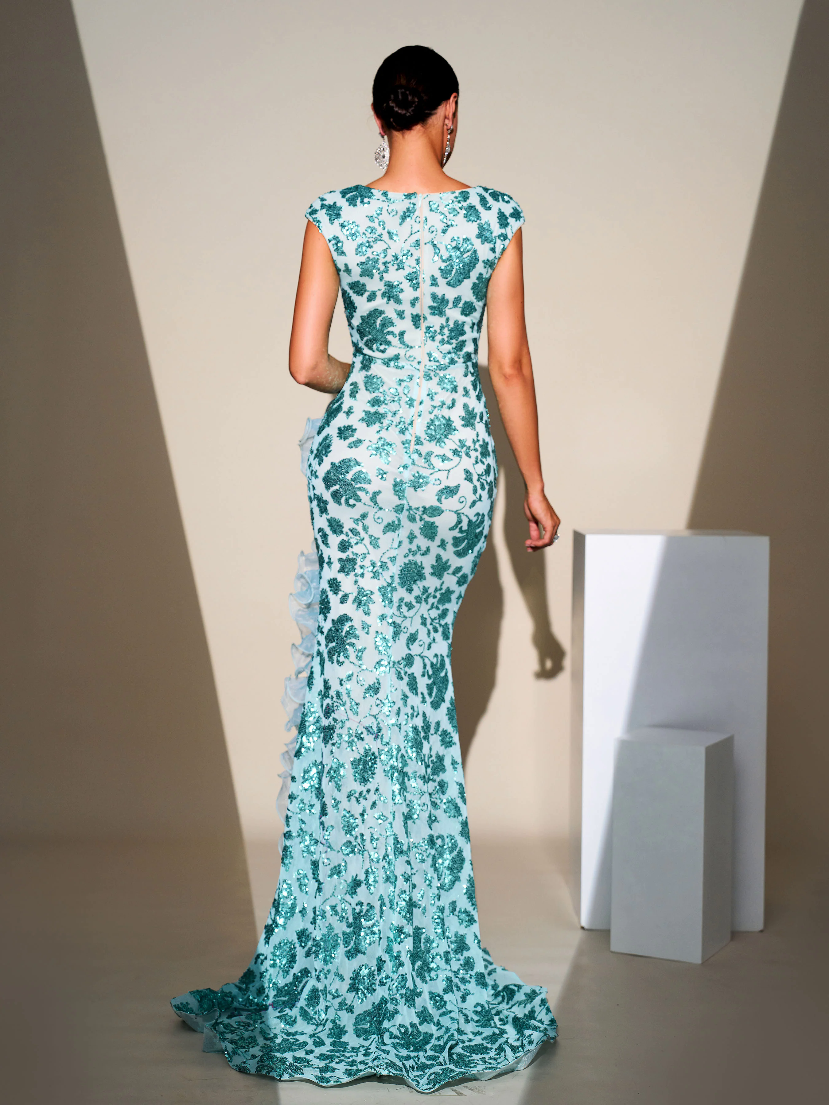 Sleeveless Ruffled Split Floral Sequin Dress RJ11878 Sleeveless Ruffled Split Floral Sequin Dress RJ11878