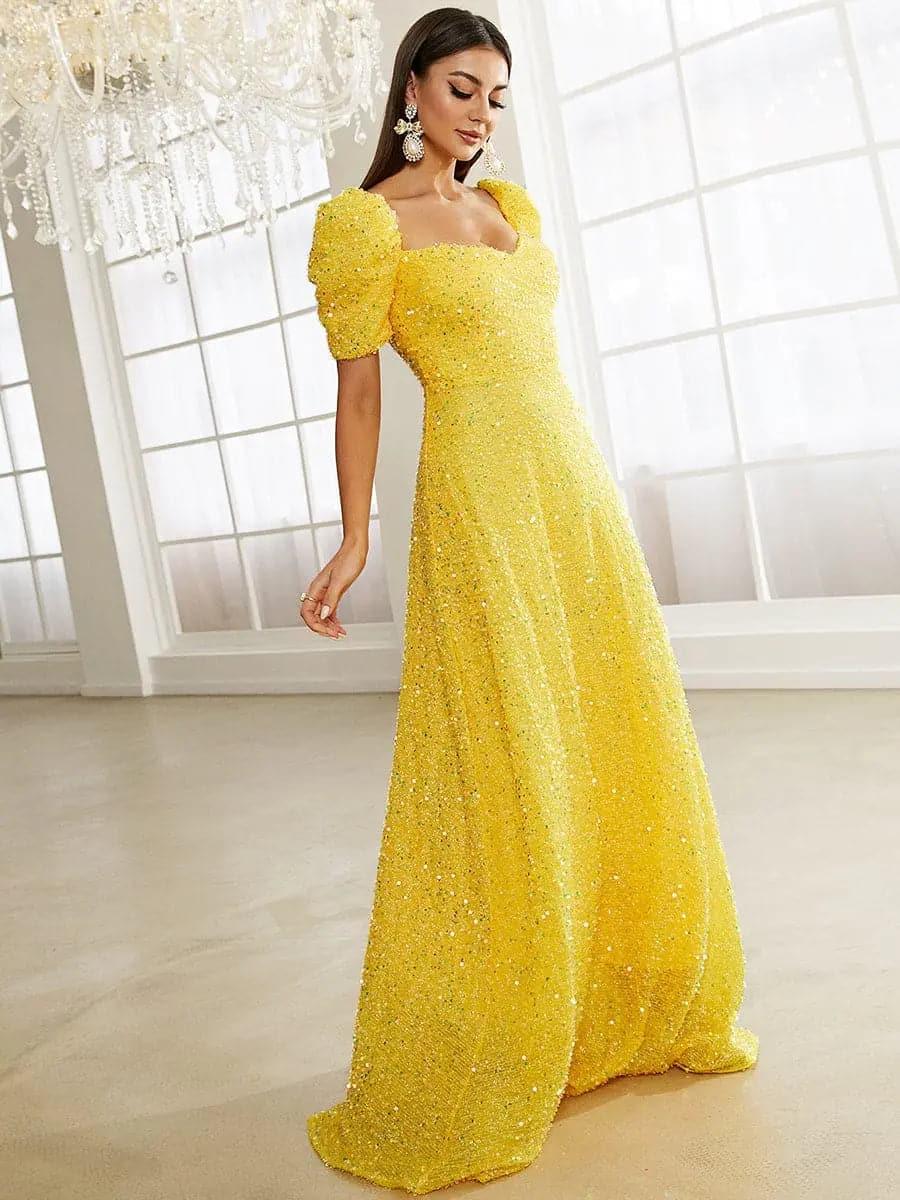Light Yellow Puff Sleeve Sequin Maxi Dress XJ1509 Light Yellow Puff Sleeve Sequin Maxi Dress XJ1509