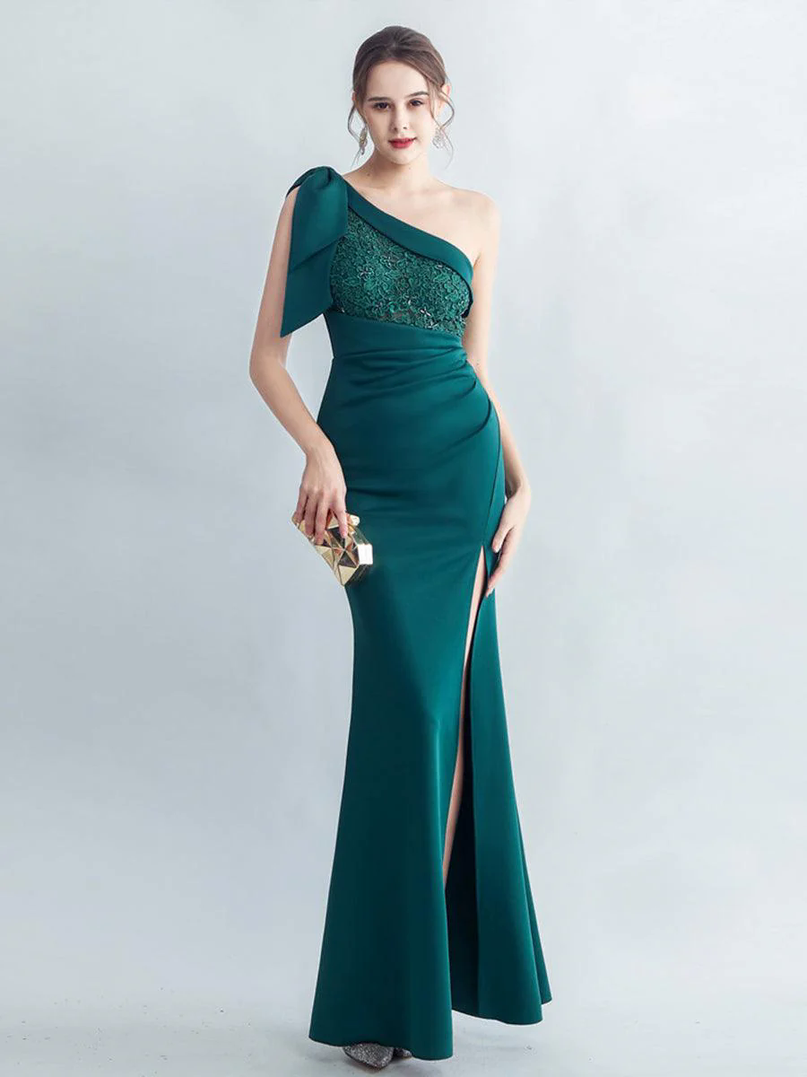 One Shoulder Panel Lace Split Prom Dress MYC2005