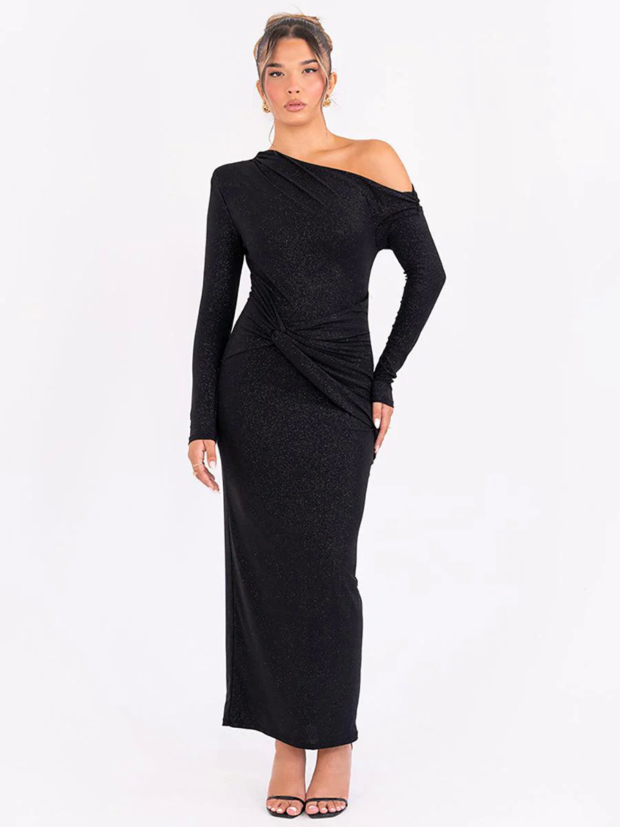 Slash Neck Solid Ruched Knot Prom Dress MYC2023