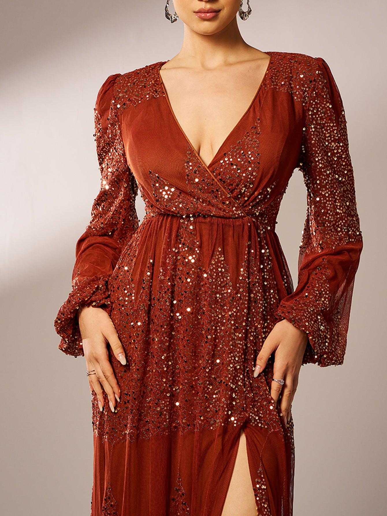 Sexy V-neck Slit Sequin Prom Dress GM00627