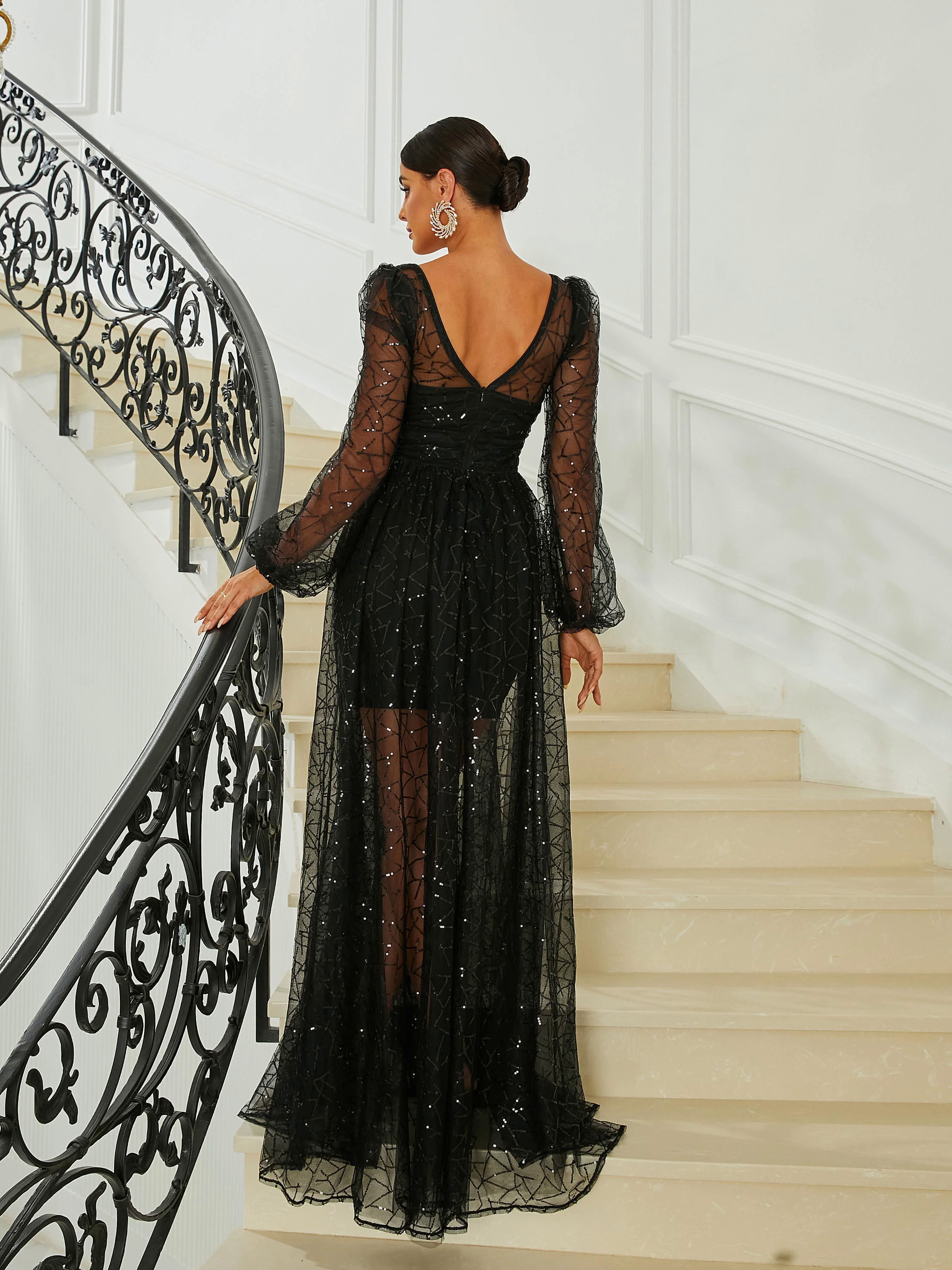 Lantern Sleeve Black Tulle Dress RA60074 Lantern Sleeve Black Tulle Dress RA60074