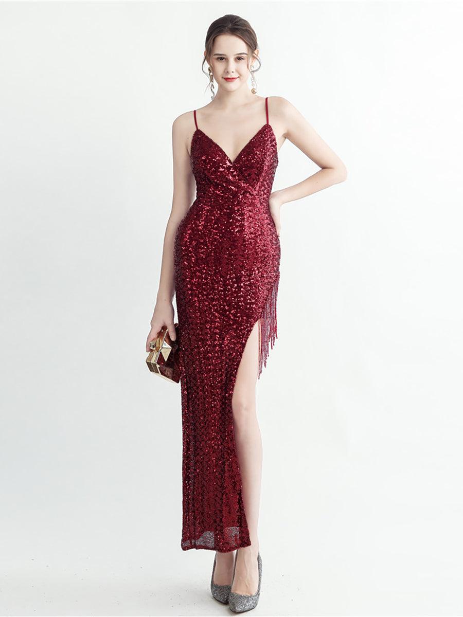 Fringed Sequin Spaghetti Split Cocktail Dress MYC2008 Fringed Sequin Spaghetti Split Cocktail Dress MYC2008