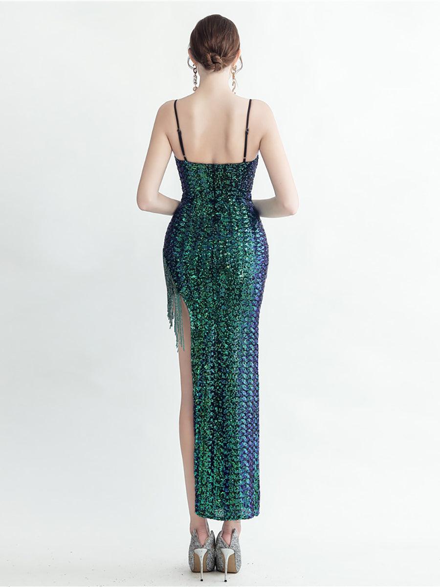Fringed Sequin Spaghetti Split Cocktail Dress MYC2008 Fringed Sequin Spaghetti Split Cocktail Dress MYC2008