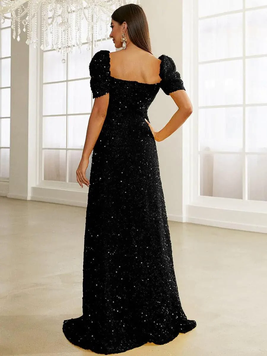 Light Yellow Puff Sleeve Sequin Maxi Dress XJ1509 Light Yellow Puff Sleeve Sequin Maxi Dress XJ1509