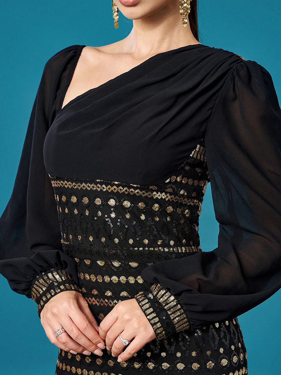 Black Long Sleeve Cutout Sheath Sequin Dress RJ12093