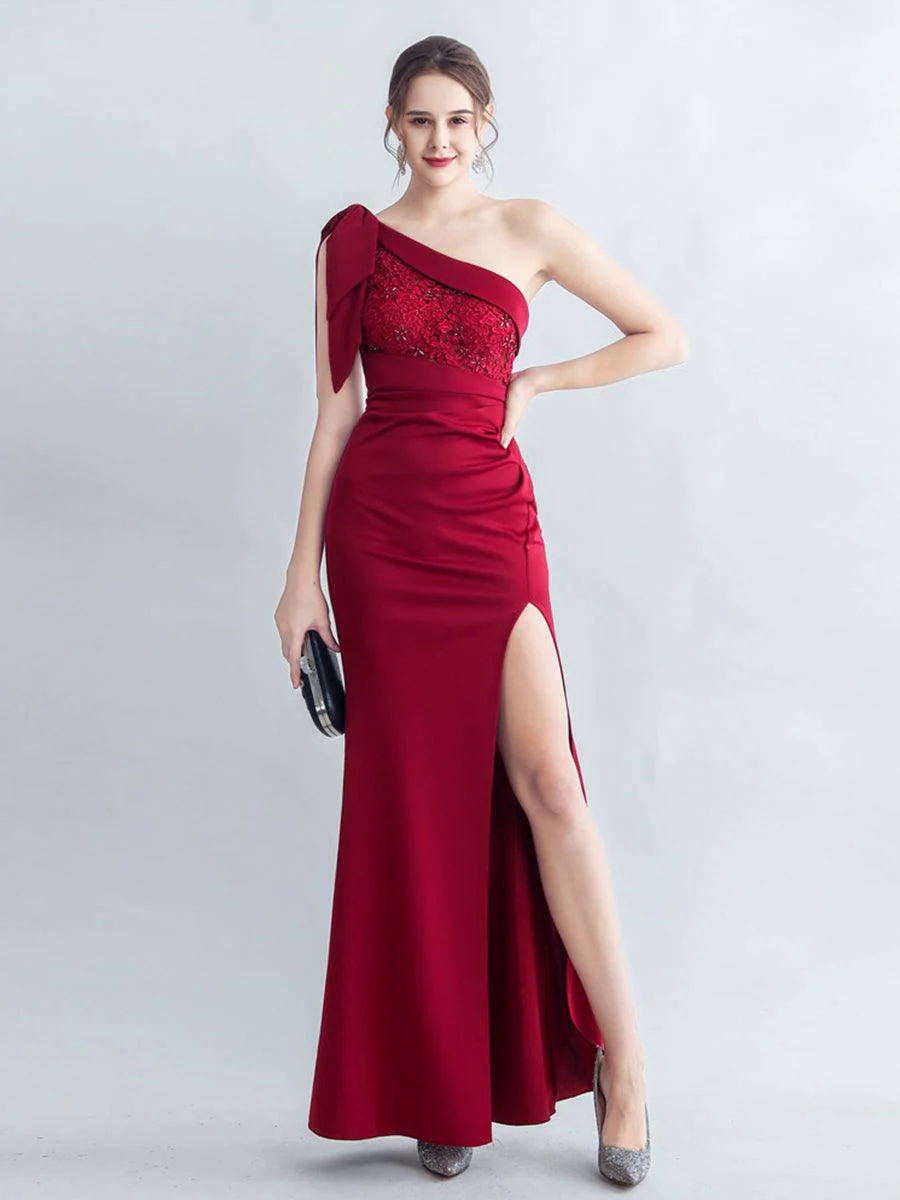 One Shoulder Panel Lace Split Prom Dress MYC2005