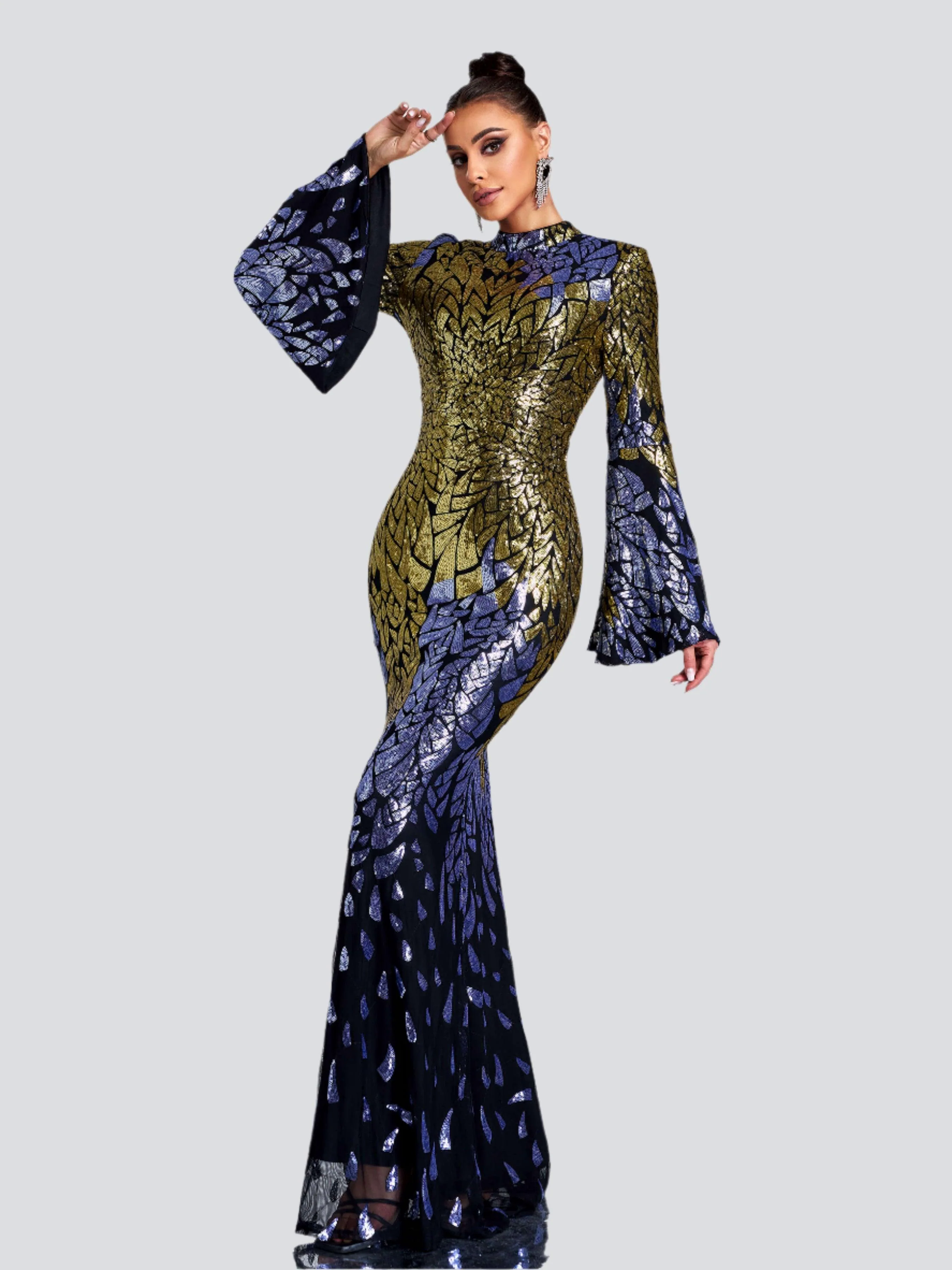 Backless Bell Sleeve Sequin Formal Dress XH2425