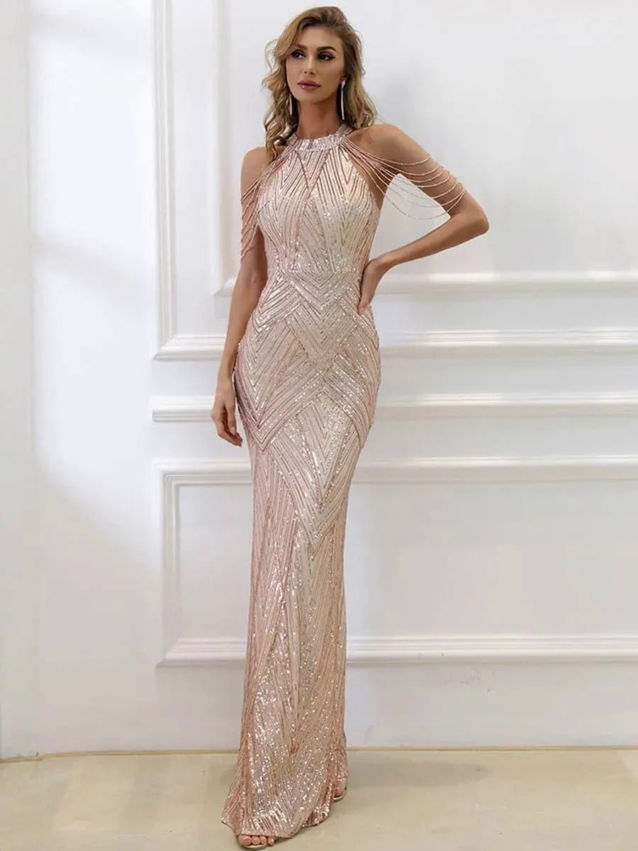 Cold Shoulder Beads Chain Cocktail Dress M01081