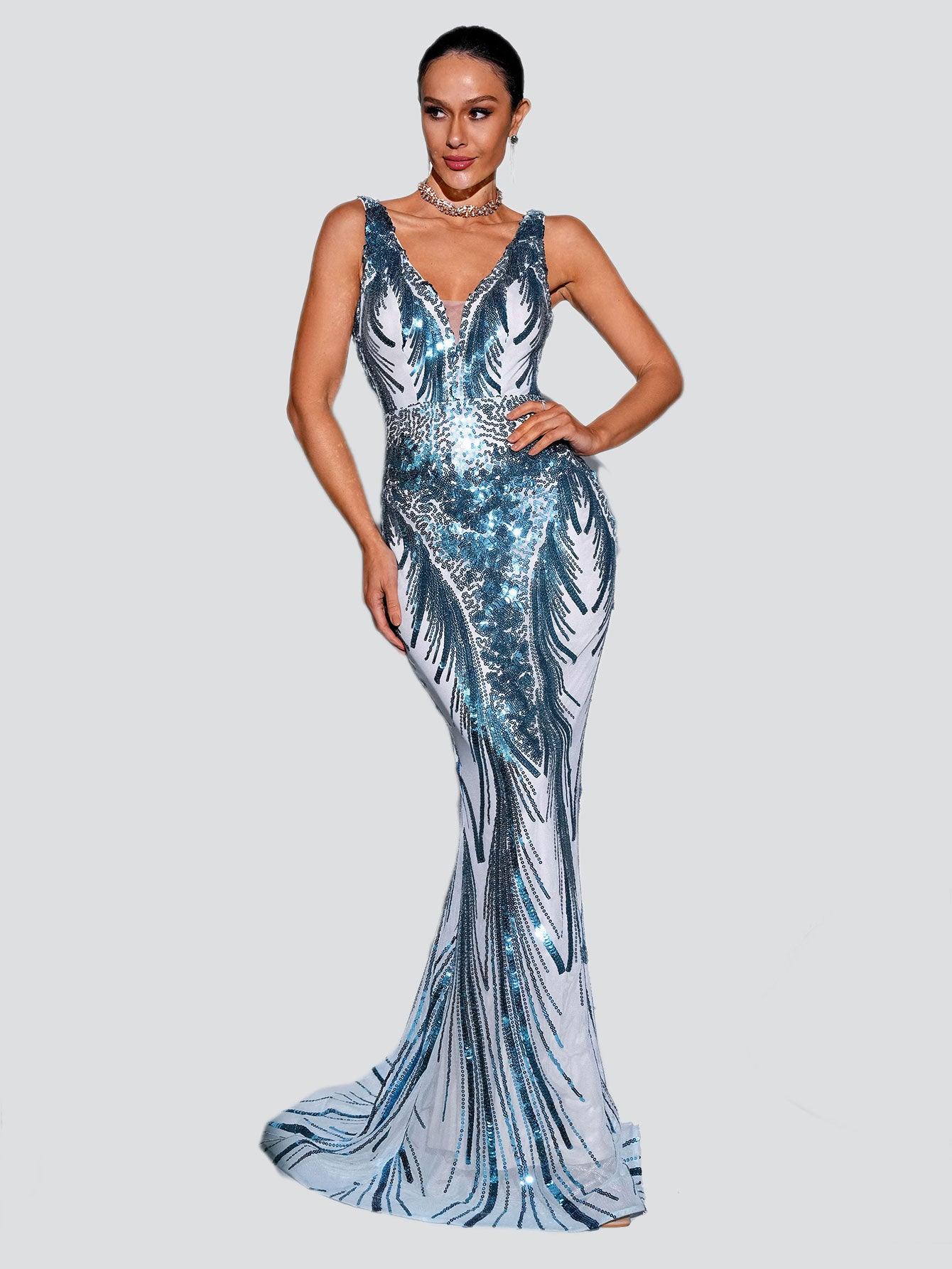 V-neck Sleeveless Mermaid Sequin Formal Dress RM21551