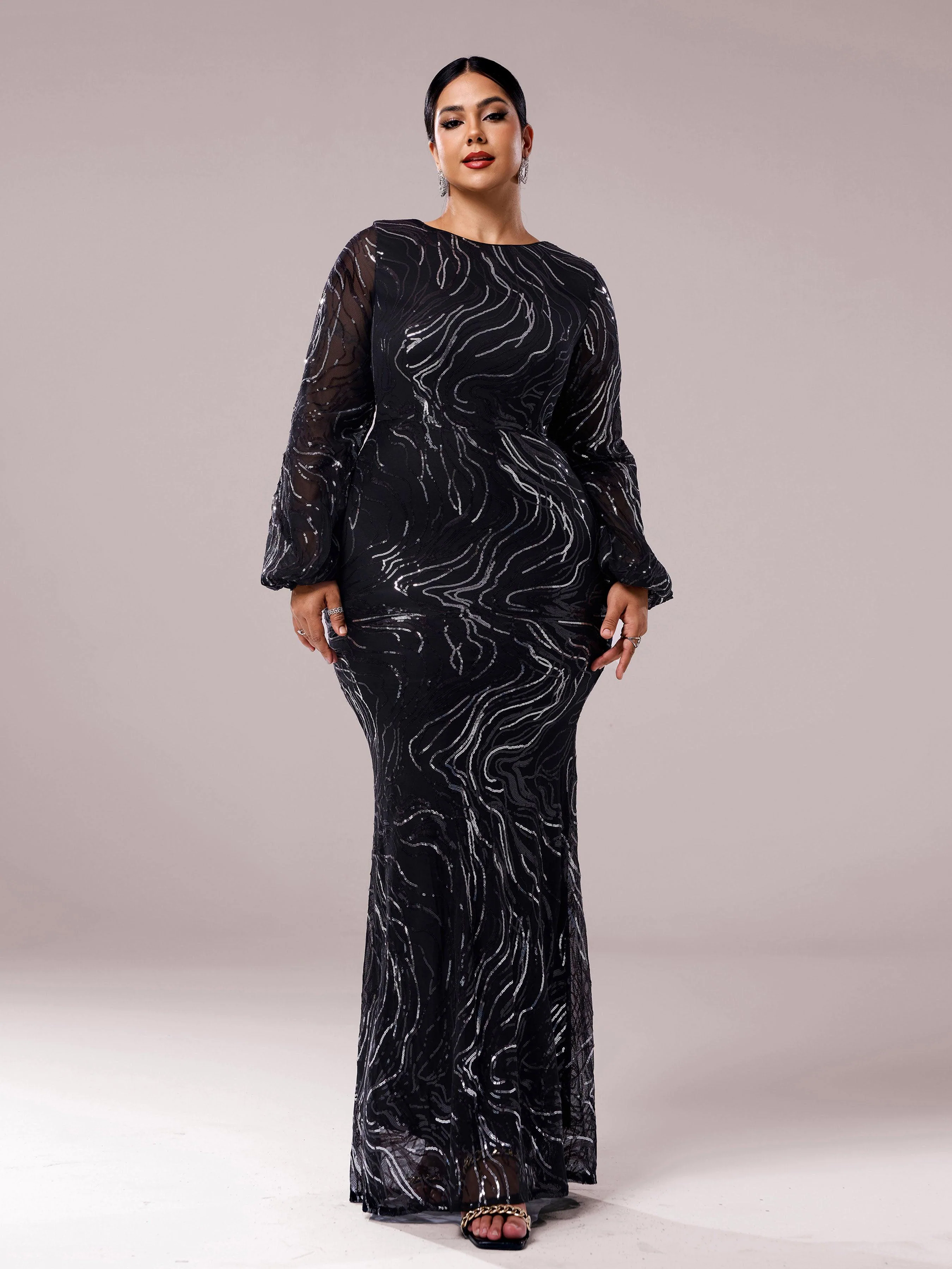 Long Sleeve Maxi Mermaid Sequin Dress XJ1500