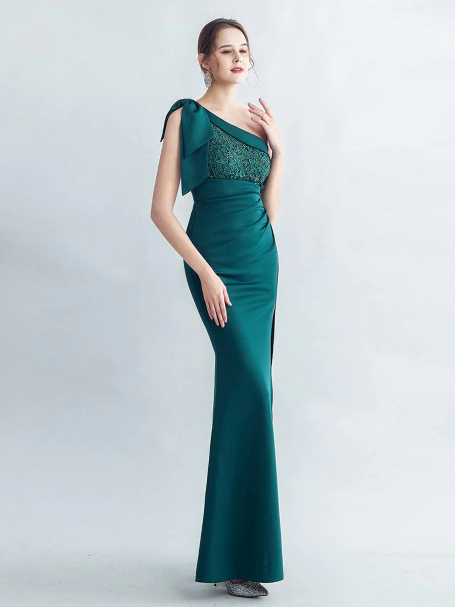 One Shoulder Panel Lace Split Prom Dress MYC2005