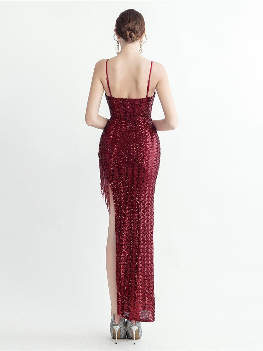 Fringed Sequin Spaghetti Split Cocktail Dress MYC2008 Fringed Sequin Spaghetti Split Cocktail Dress MYC2008