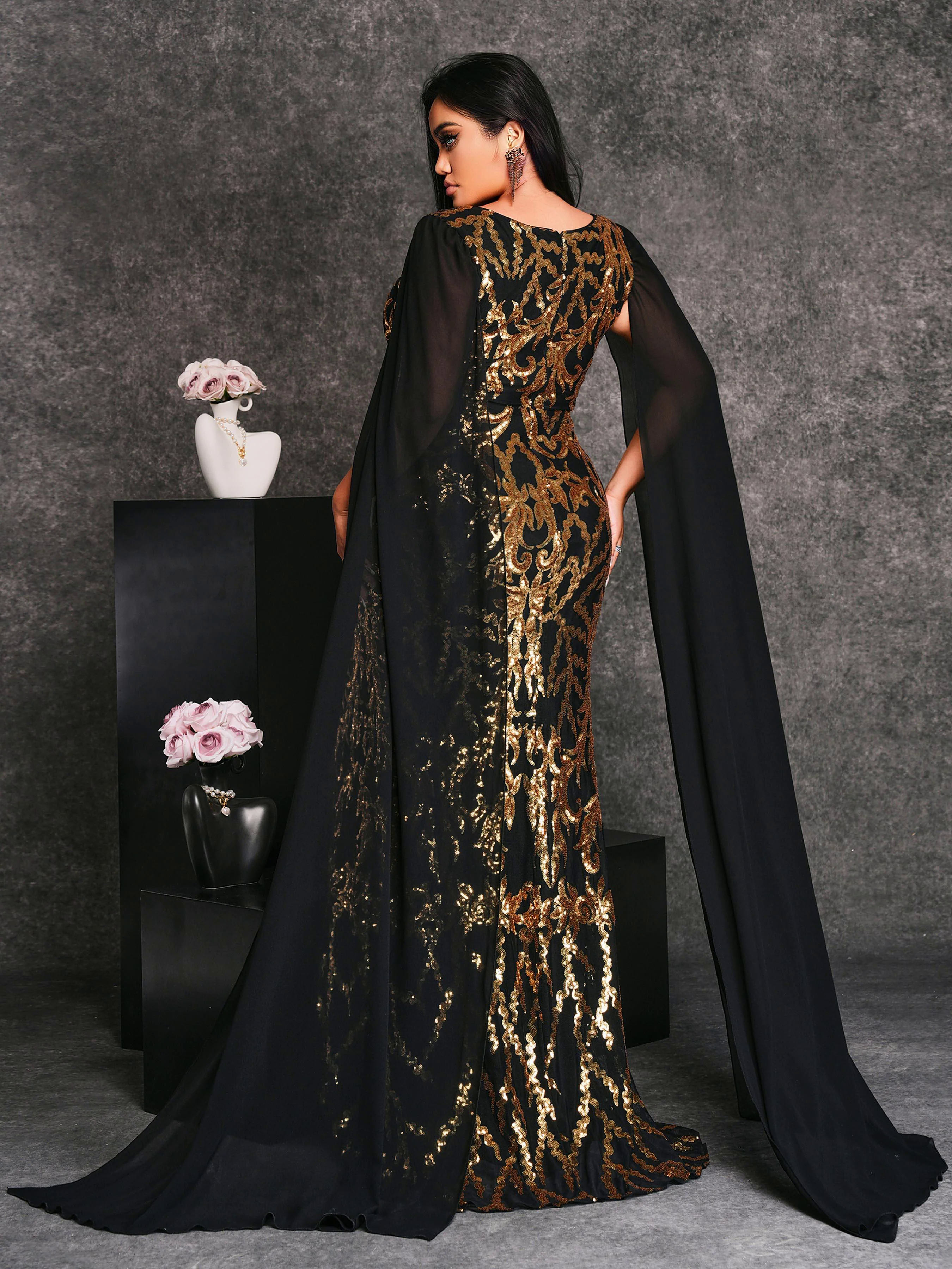 Plus V-neck Cape Sleeve Formal Dress PRX70124