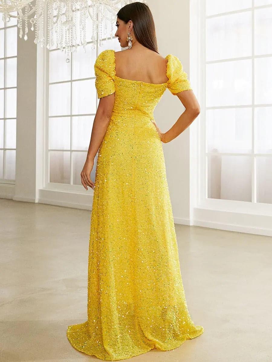 Light Yellow Puff Sleeve Sequin Maxi Dress XJ1509 Light Yellow Puff Sleeve Sequin Maxi Dress XJ1509