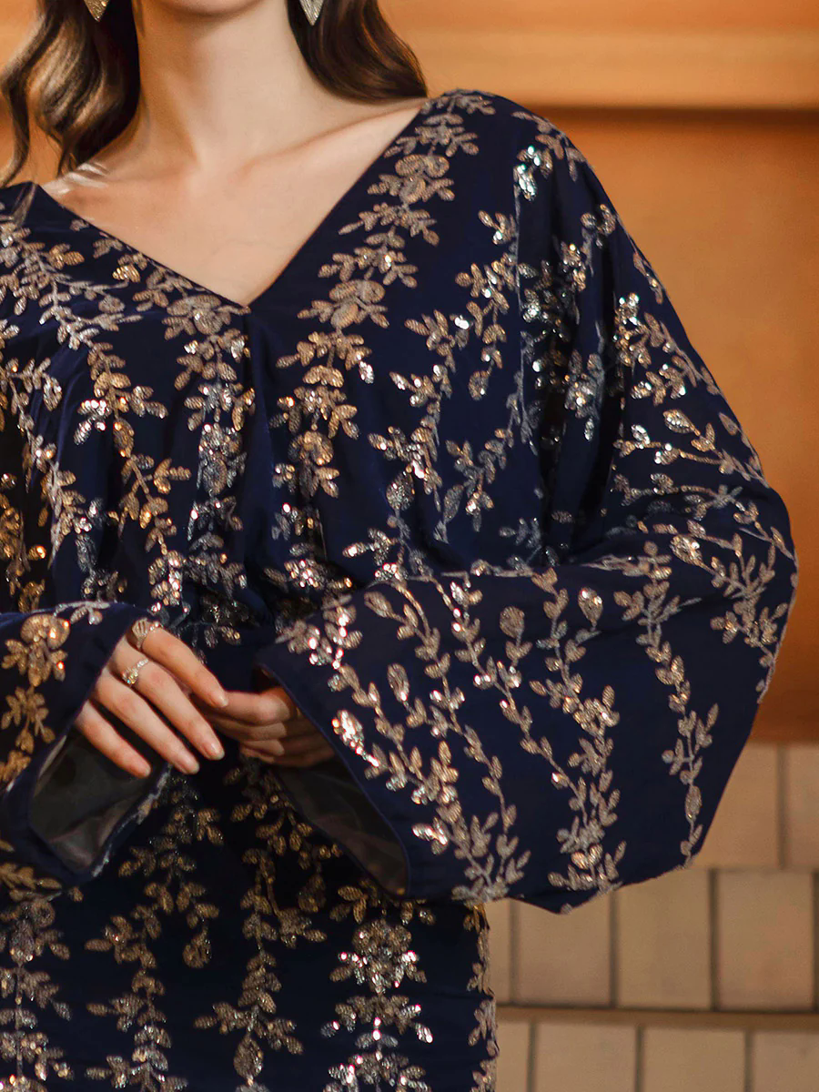 Bat-sleeve V-neck Leaf Sequin Loose Dress MES72148 Bat-sleeve V-neck Leaf Sequin Loose Dress MES72148