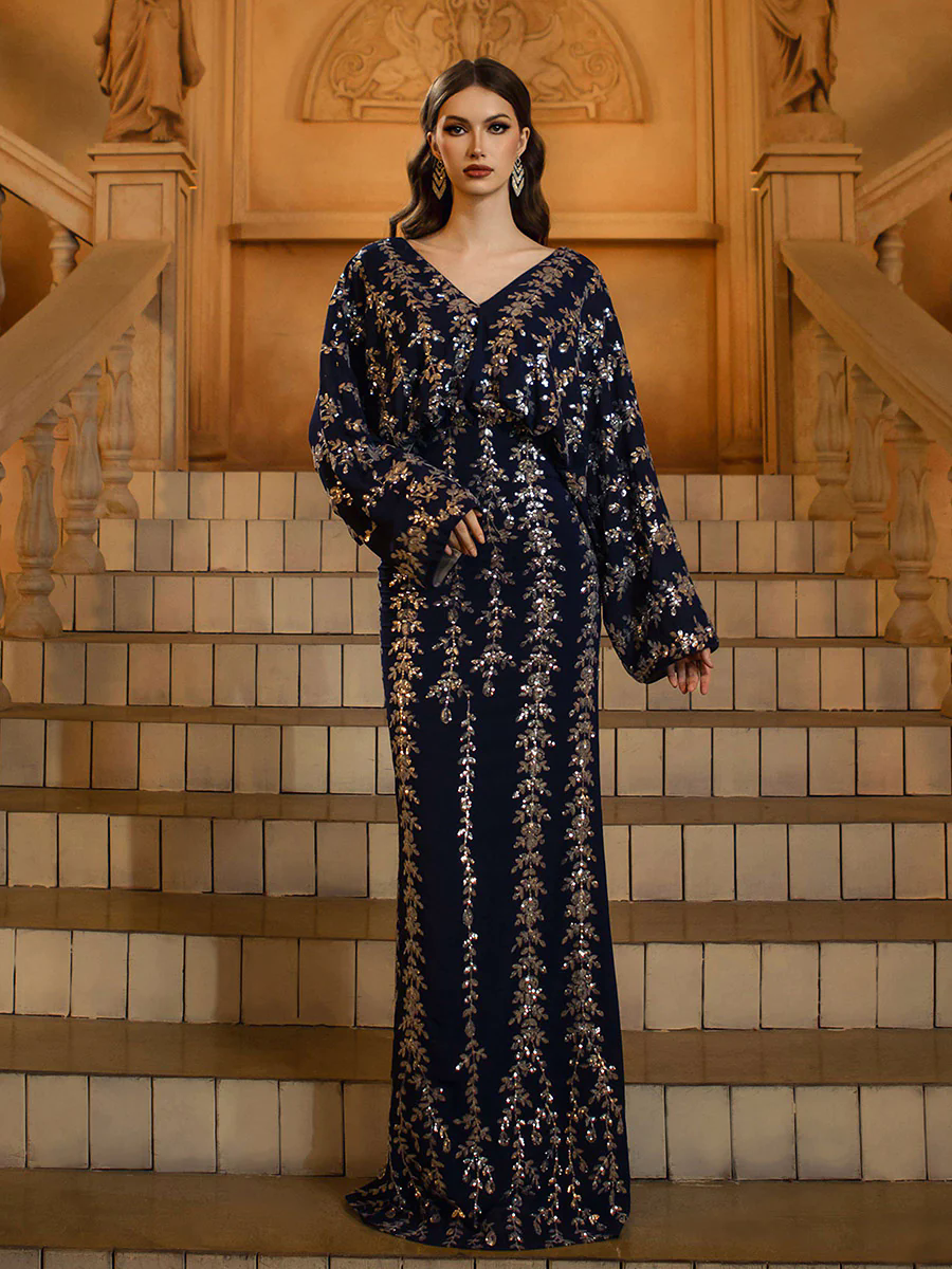 Bat-sleeve V-neck Leaf Sequin Loose Dress MES72148 Bat-sleeve V-neck Leaf Sequin Loose Dress MES72148