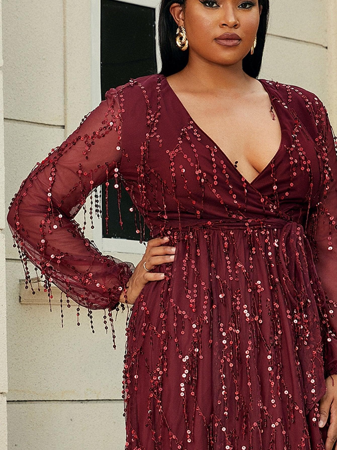 Plus V Neck Red Sequin Mesh Maxi Dress P0376