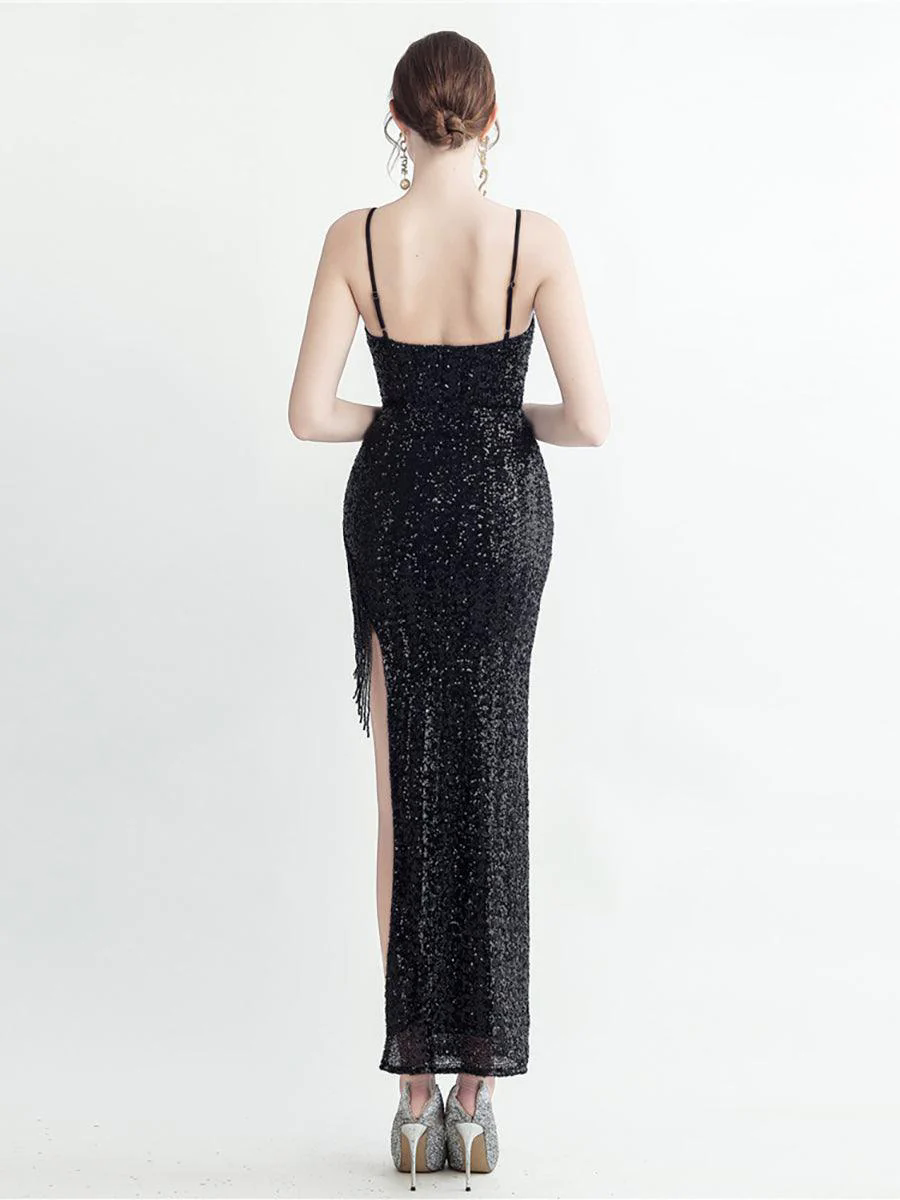 Fringed Sequin Spaghetti Split Cocktail Dress MYC2008 Fringed Sequin Spaghetti Split Cocktail Dress MYC2008