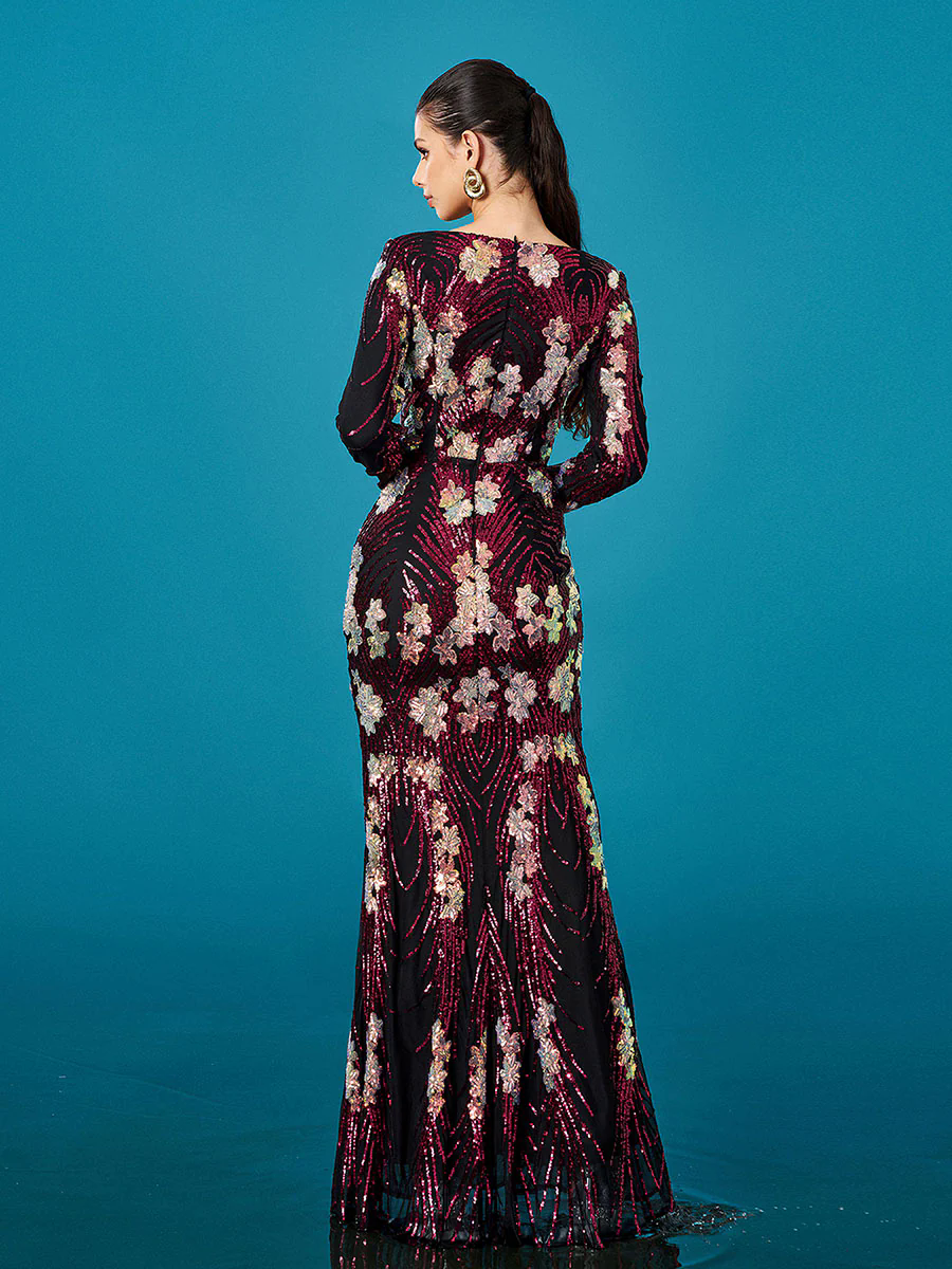 V-neck Floral Sequin Long Sleeve Prom Dress DH80236 V-neck Floral Sequin Long Sleeve Prom Dress DH80236