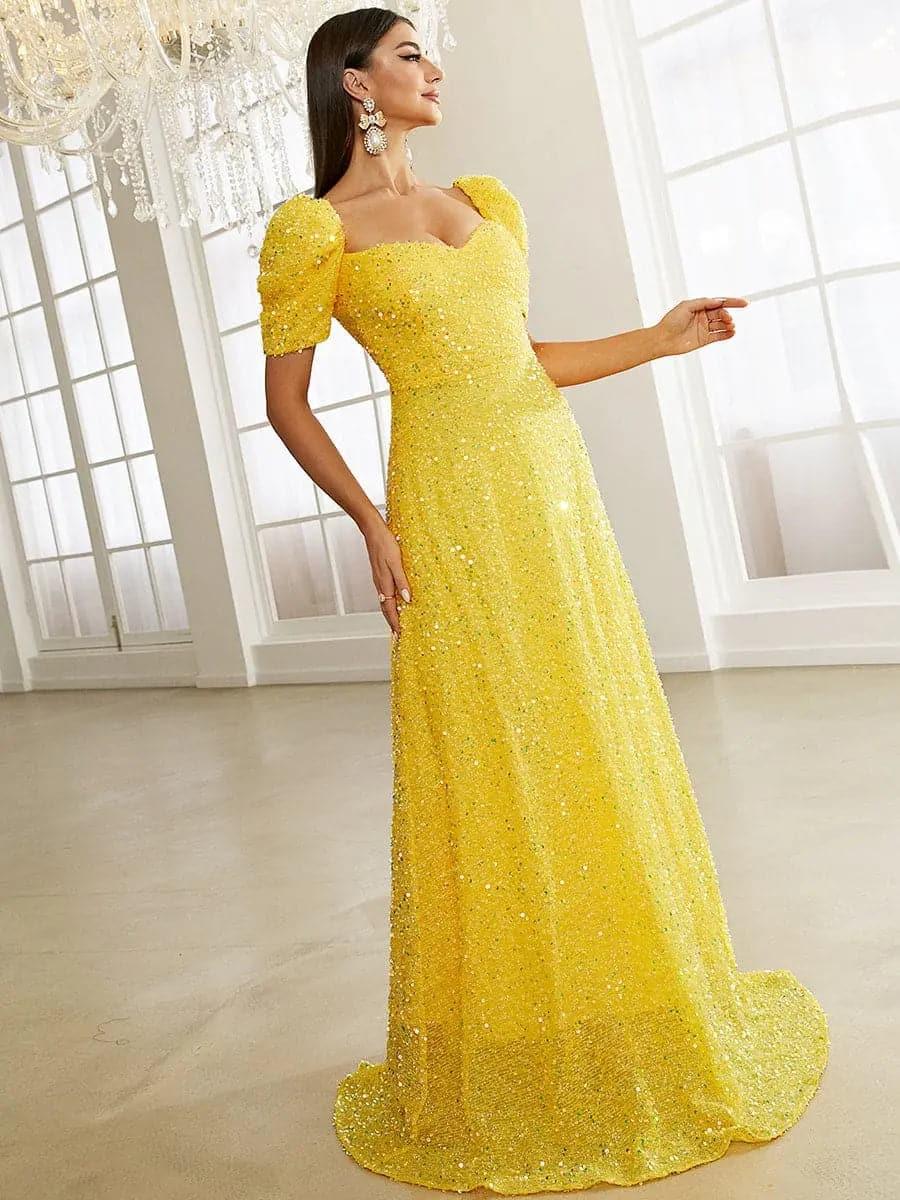 Light Yellow Puff Sleeve Sequin Maxi Dress XJ1509 Light Yellow Puff Sleeve Sequin Maxi Dress XJ1509