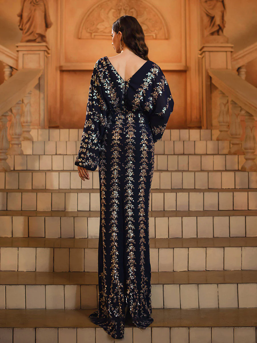 Bat-sleeve V-neck Leaf Sequin Loose Dress MES72148 Bat-sleeve V-neck Leaf Sequin Loose Dress MES72148