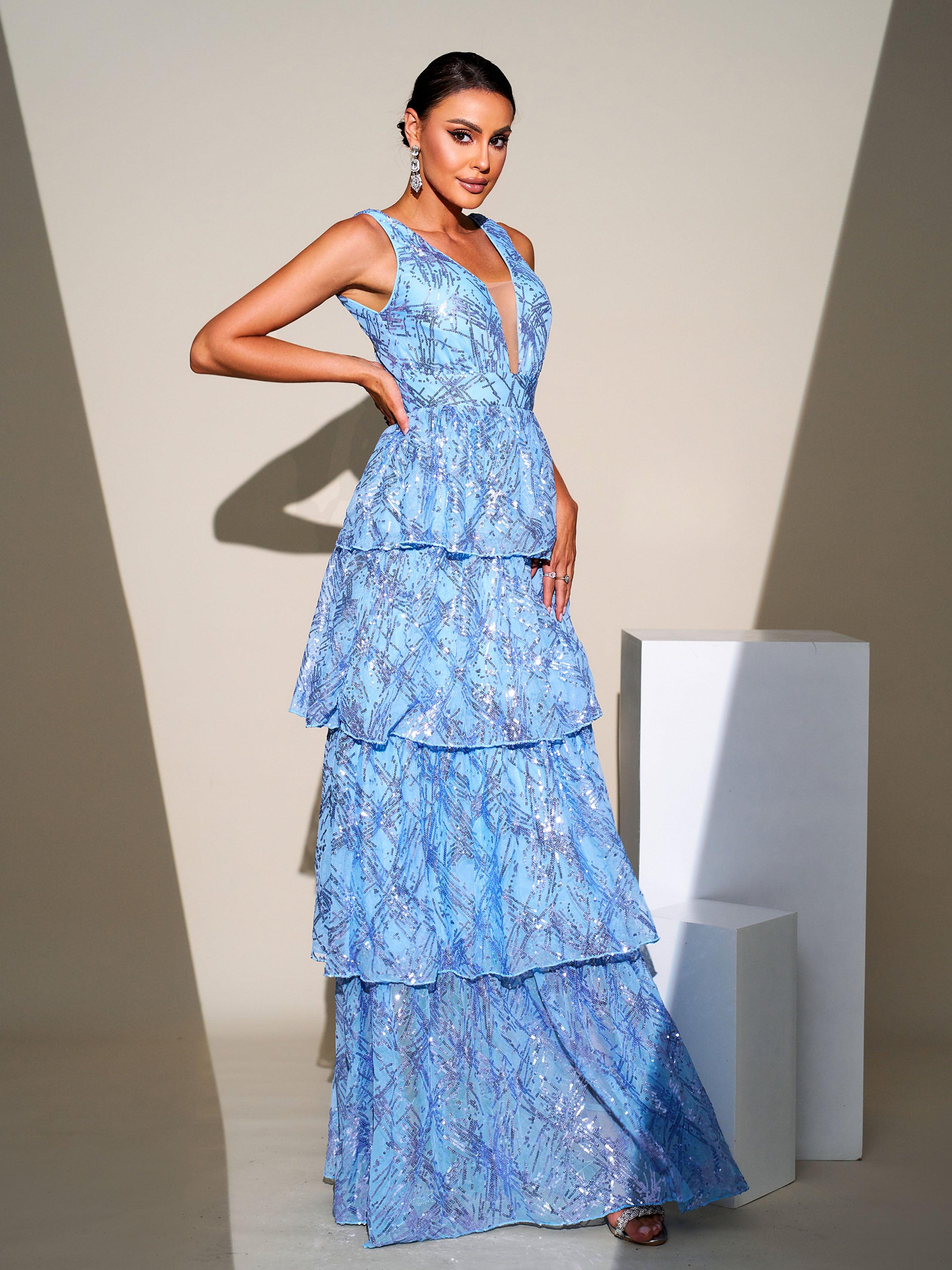 V-neck Sleeveless Sequin Layered Hem Dress RJ11361 V-neck Sleeveless Sequin Layered Hem Dress RJ11361