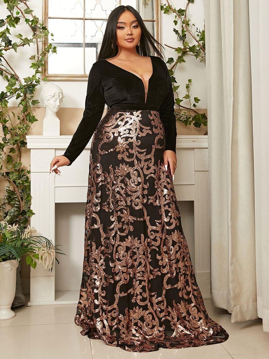 Plus Deep V Neck Backless Black Prom Dress PXJ1678