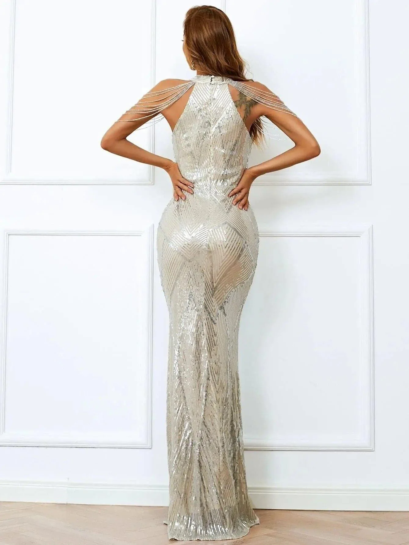 Cold Shoulder Beads Chain Cocktail Dress M01081