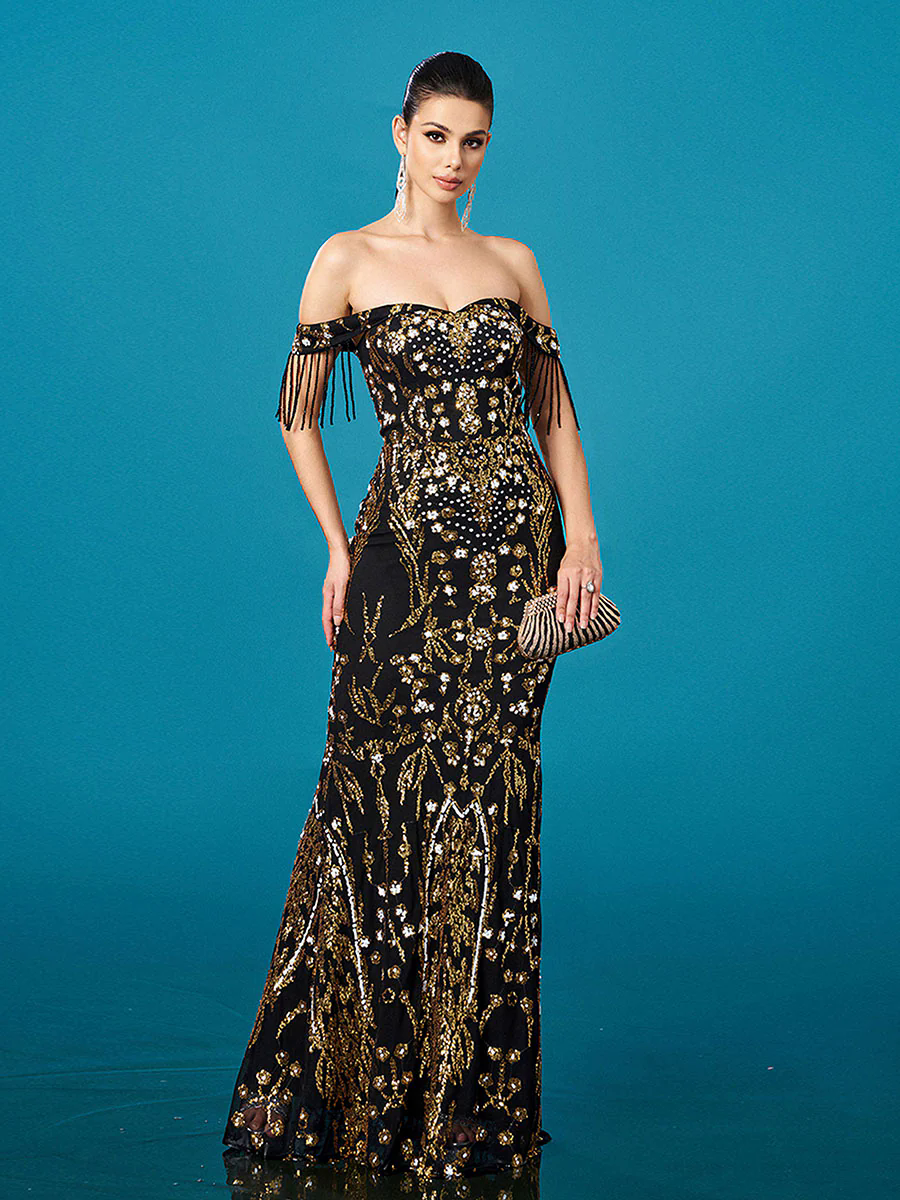 Off Shoulder Fringed Floral Sequin Prom Dress DH80448 Off Shoulder Fringed Floral Sequin Prom Dress DH80448