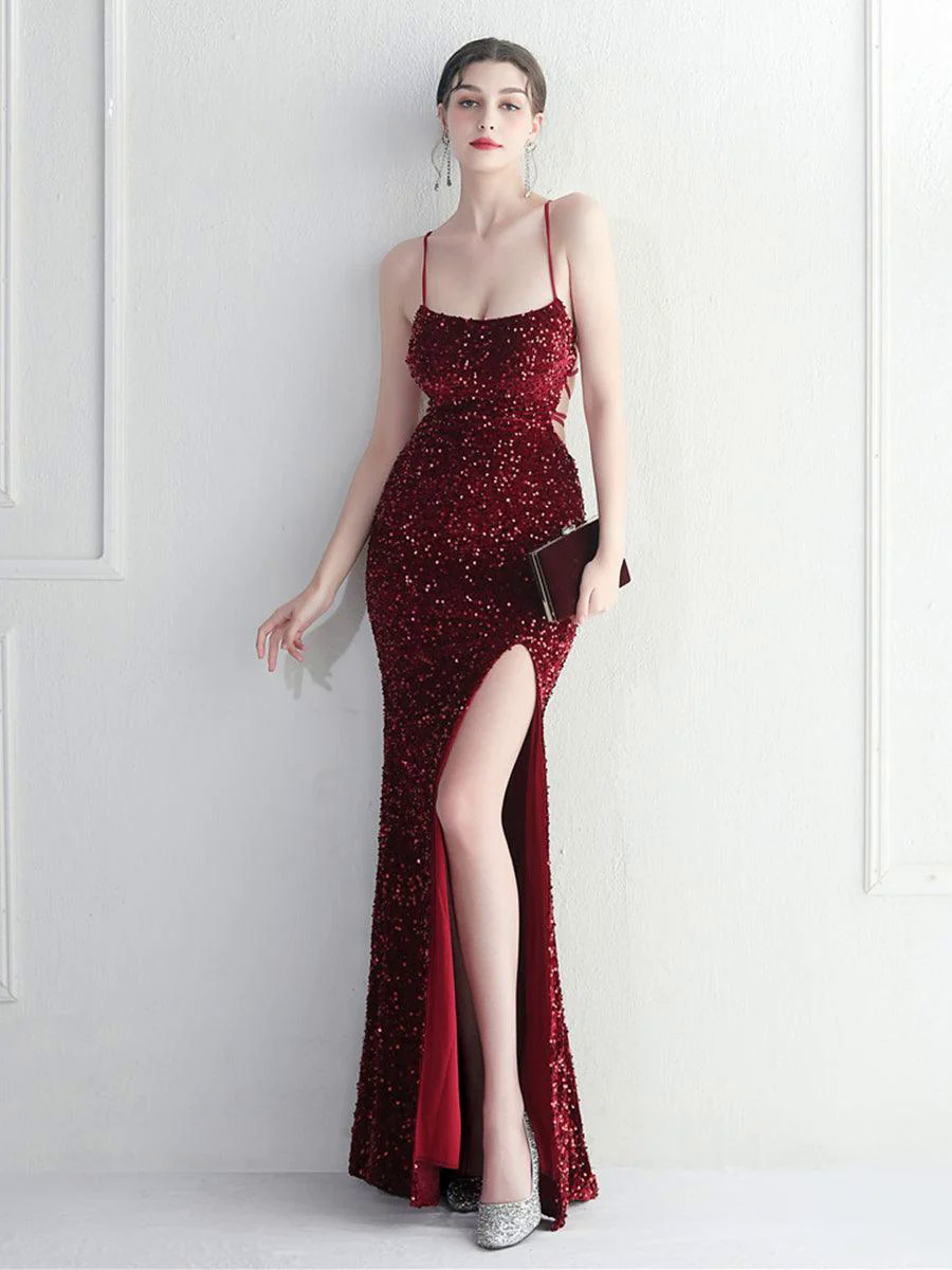 Lace Back Split Sequin Spaghetti Cocktail Dress MYC2004