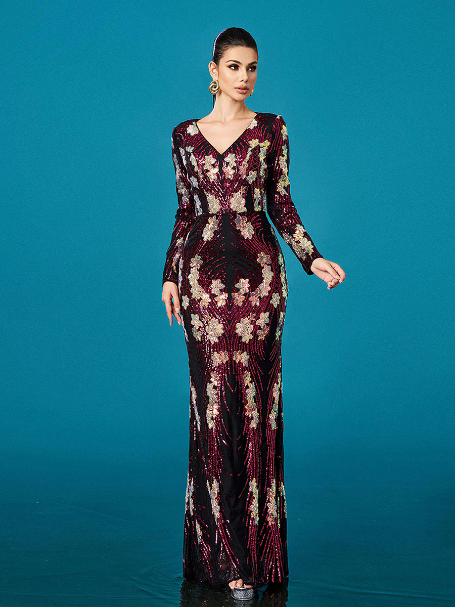 V-neck Floral Sequin Long Sleeve Prom Dress DH80236 V-neck Floral Sequin Long Sleeve Prom Dress DH80236