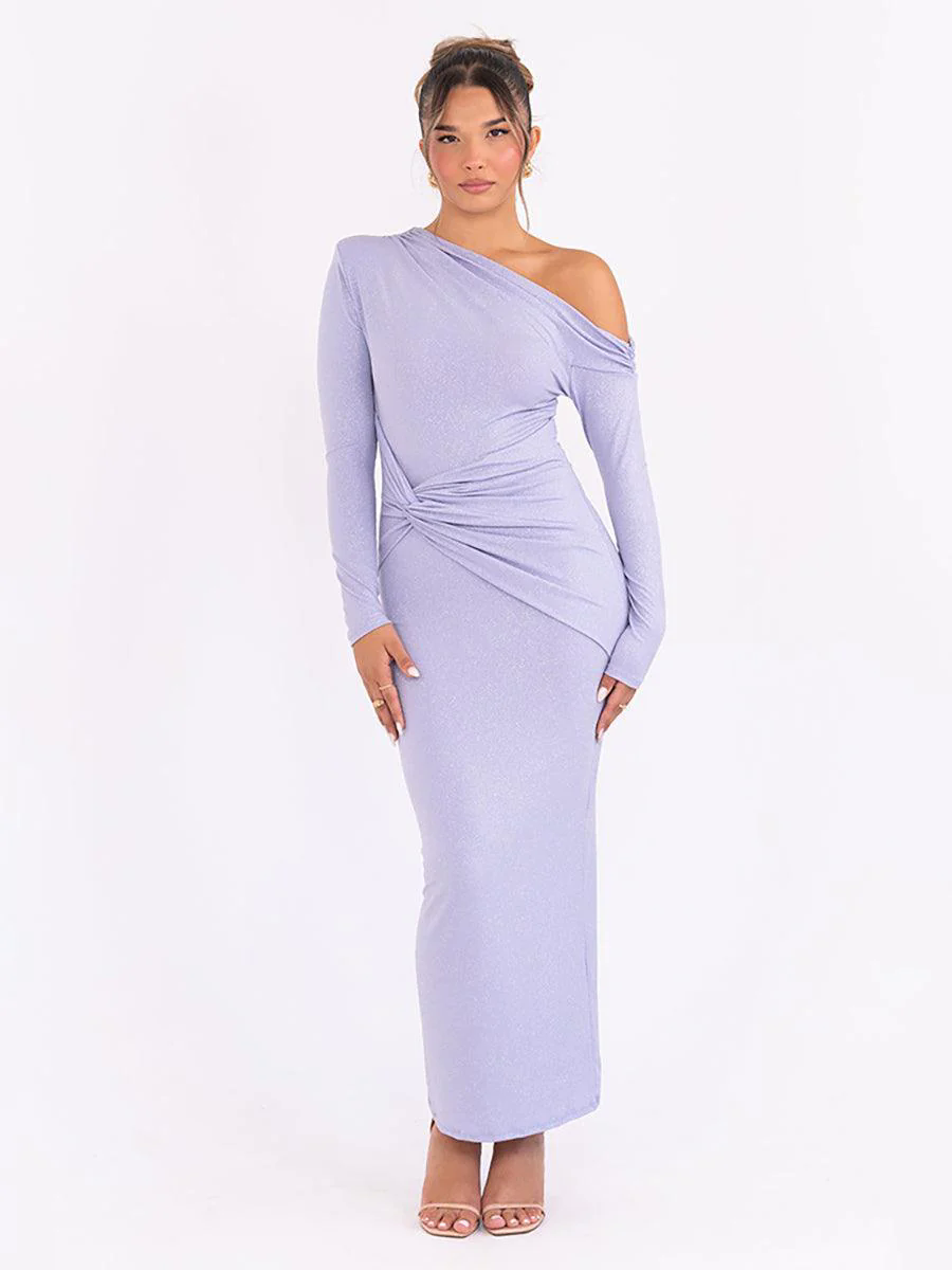 Slash Neck Solid Ruched Knot Prom Dress MYC2023