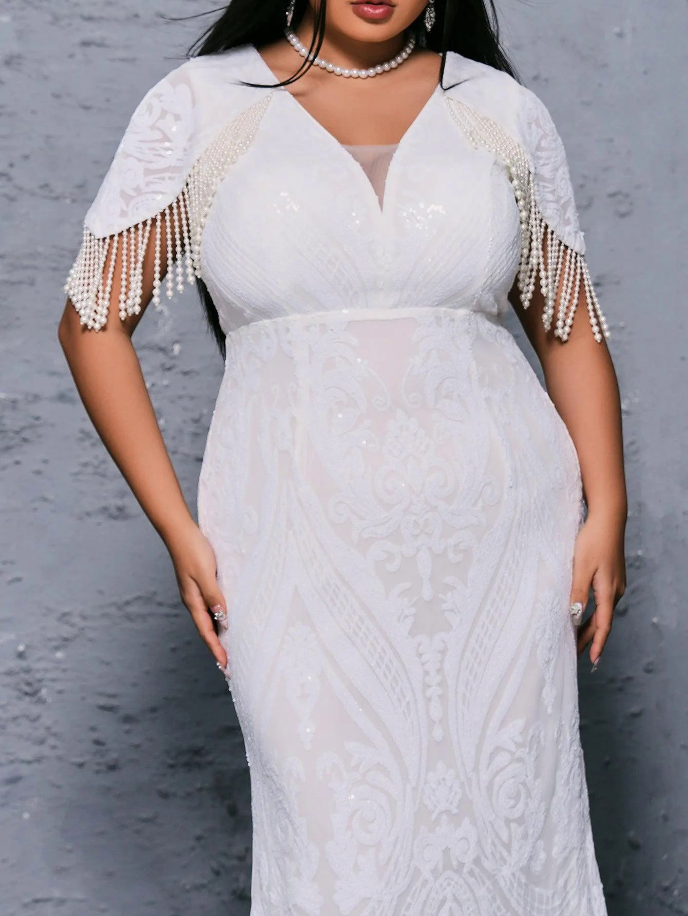 Plus V-Neck Pearl White Mermaid Dress PRX70092