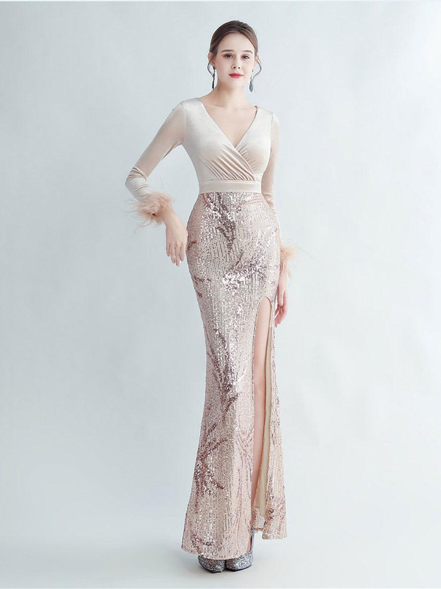 Long Sleeve Velvet Feather Wrap Prom Dress MCW0949