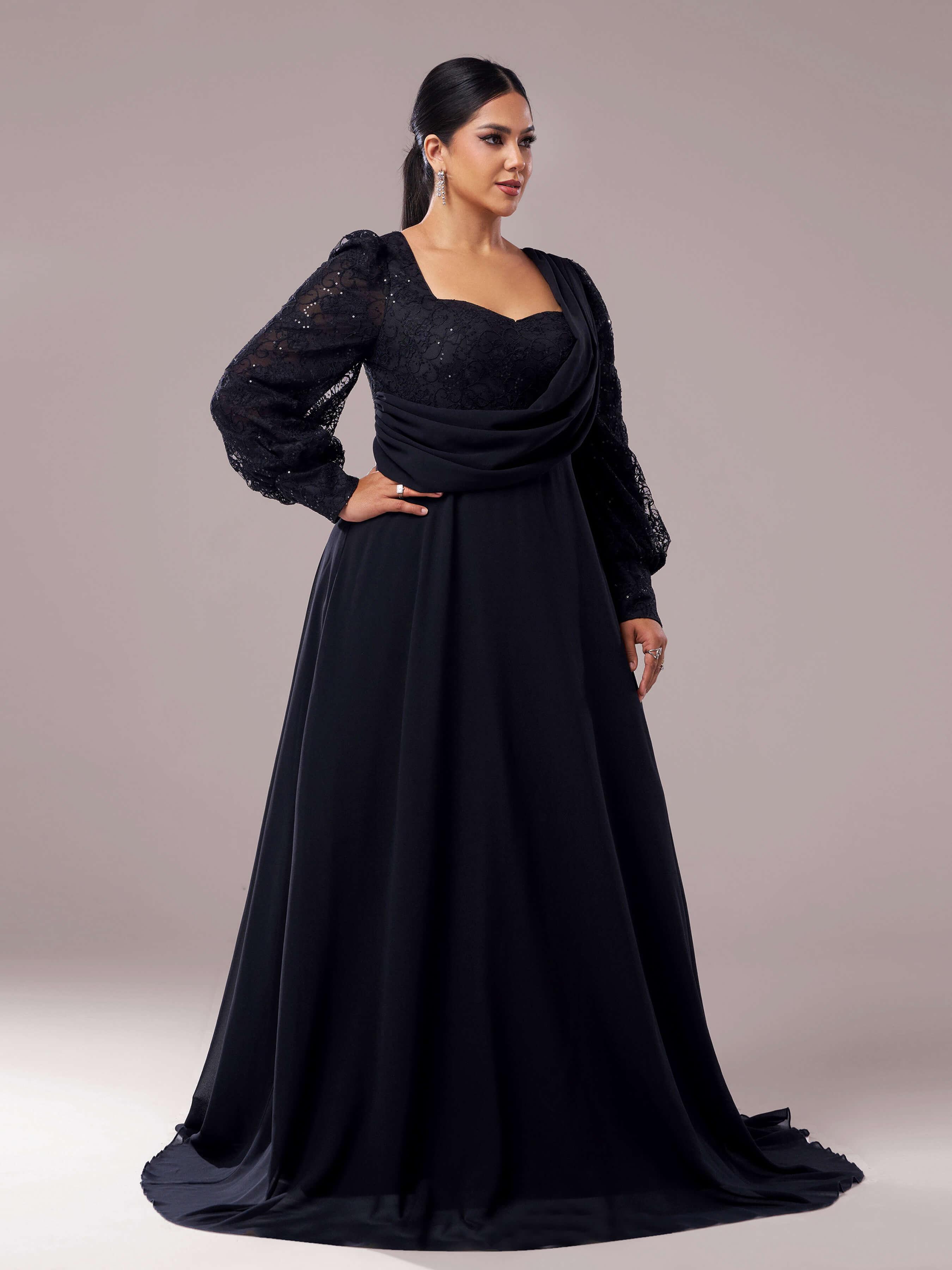Plus Black Square Neck Lace A-line Prom Dress PRX70318