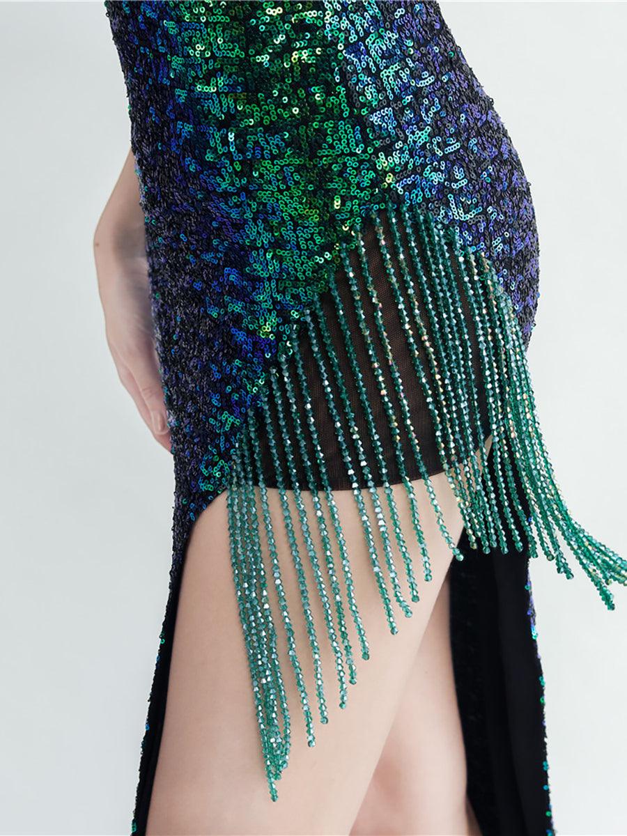 Fringed Sequin Spaghetti Split Cocktail Dress MYC2008 Fringed Sequin Spaghetti Split Cocktail Dress MYC2008