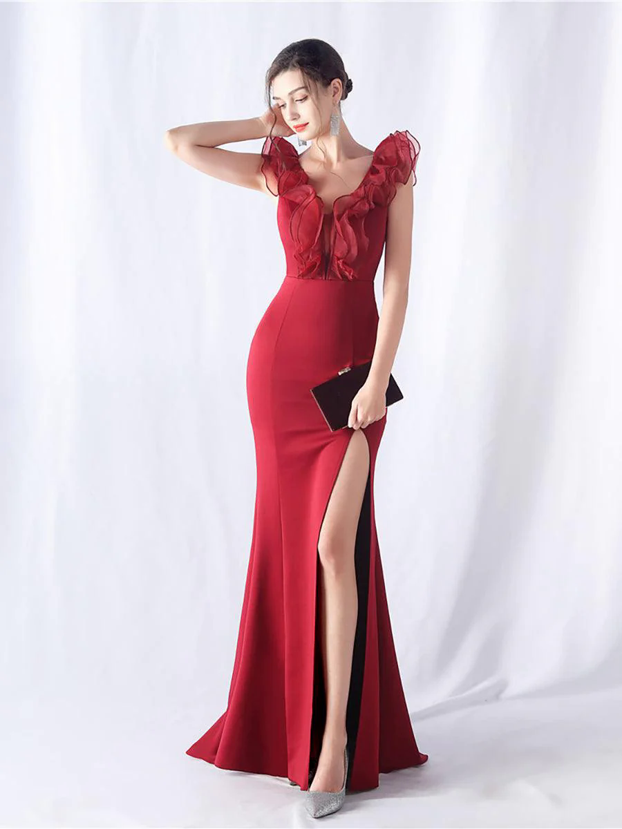 Ruffled Split V-neck Mermaid Prom Dress MYC2010