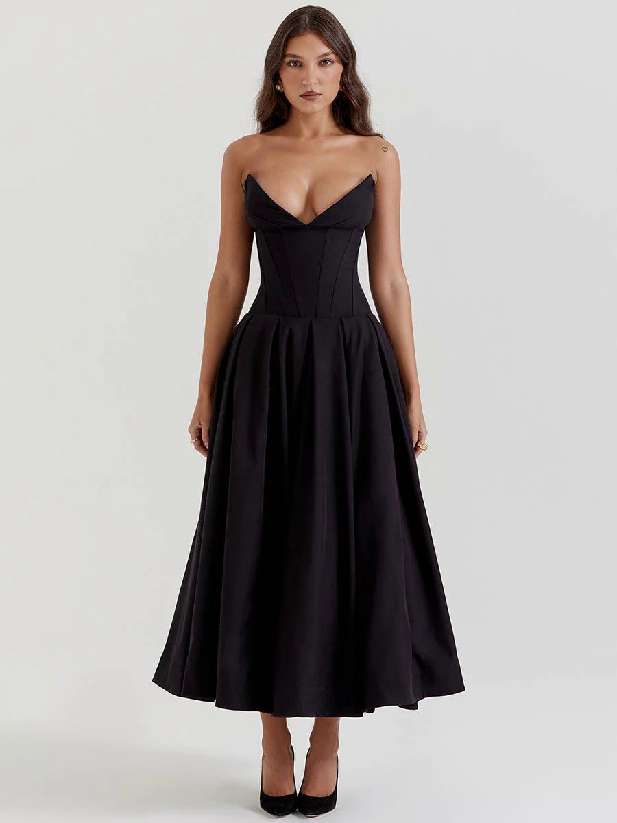 Black Corset Strapless A-line Prom Dress MYC1010
