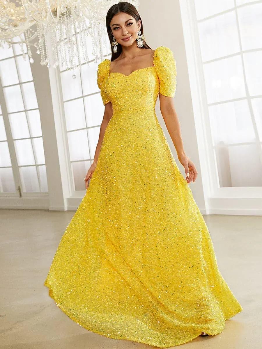 Light Yellow Puff Sleeve Sequin Maxi Dress XJ1509 Light Yellow Puff Sleeve Sequin Maxi Dress XJ1509