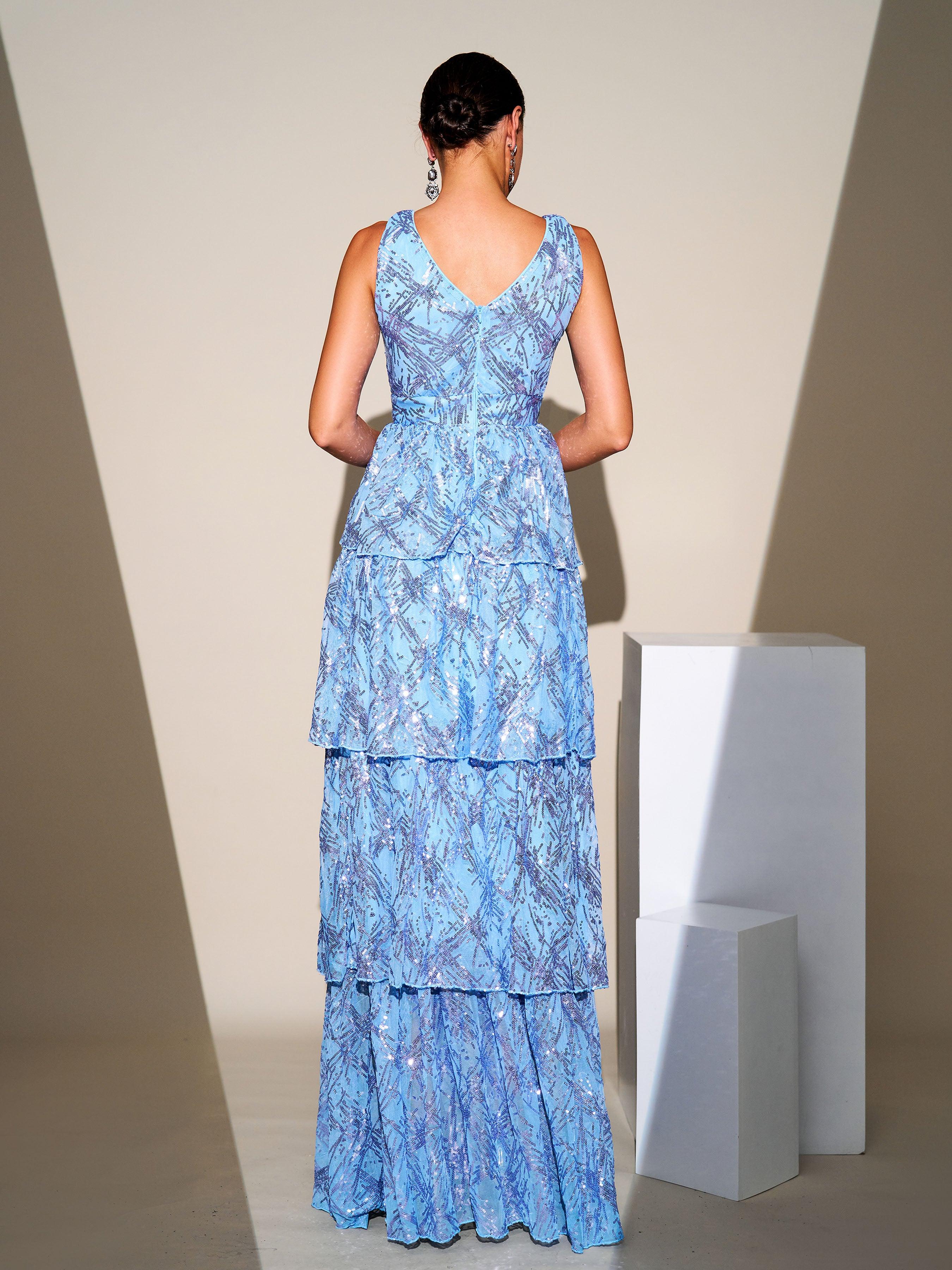 V-neck Sleeveless Sequin Layered Hem Dress RJ11361 V-neck Sleeveless Sequin Layered Hem Dress RJ11361