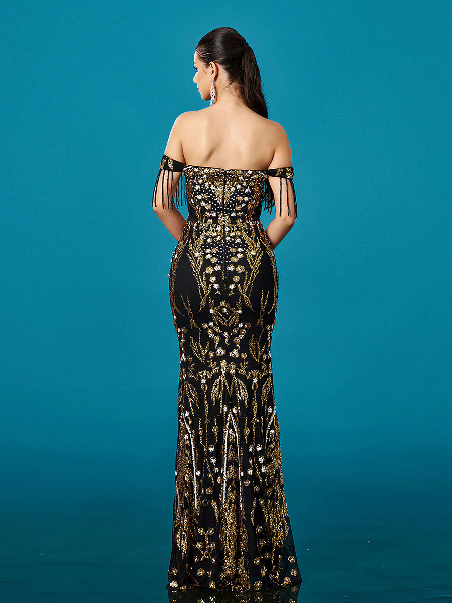 Off Shoulder Fringed Floral Sequin Prom Dress DH80448 Off Shoulder Fringed Floral Sequin Prom Dress DH80448