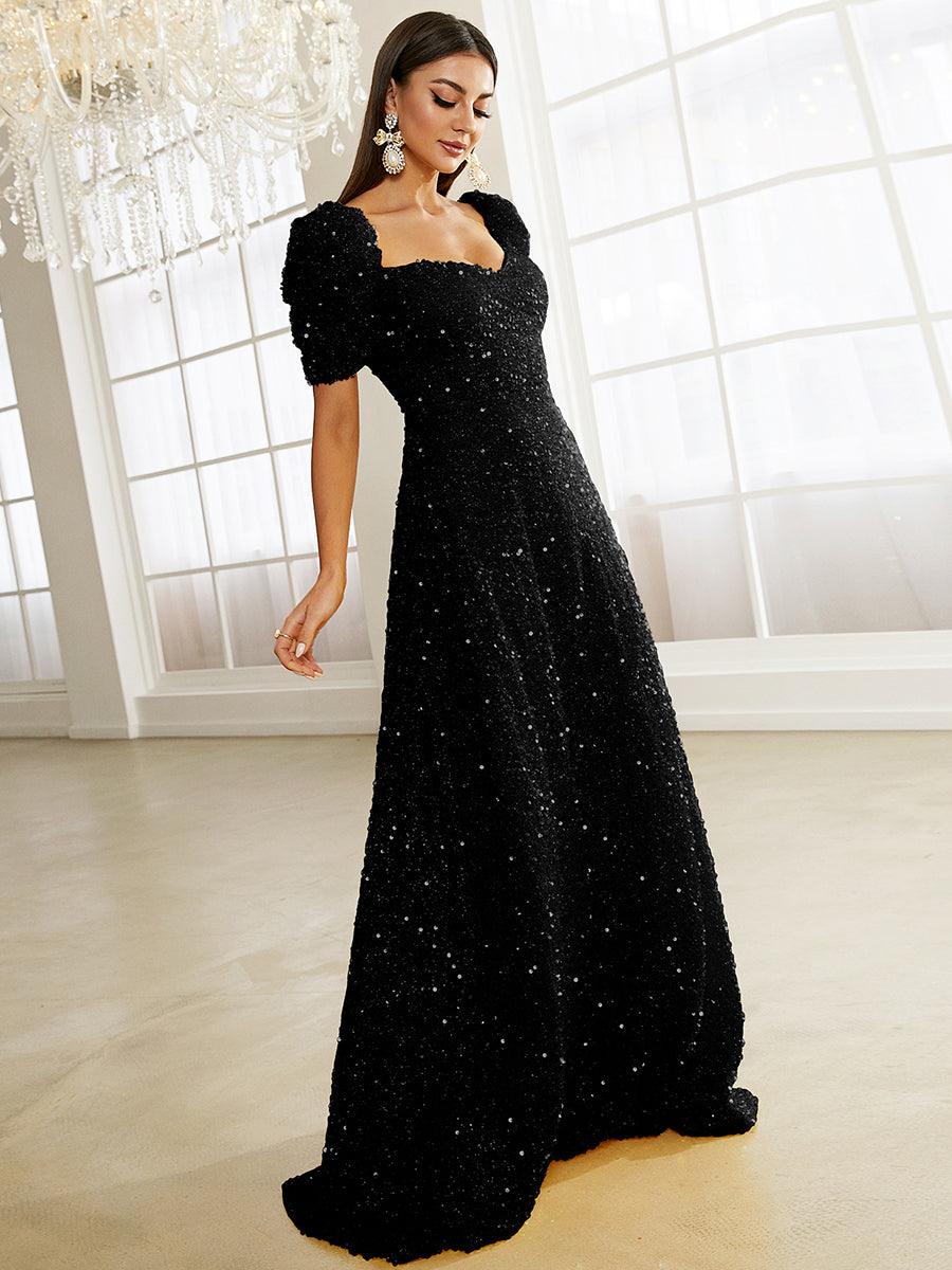 Light Yellow Puff Sleeve Sequin Maxi Dress XJ1509 Light Yellow Puff Sleeve Sequin Maxi Dress XJ1509