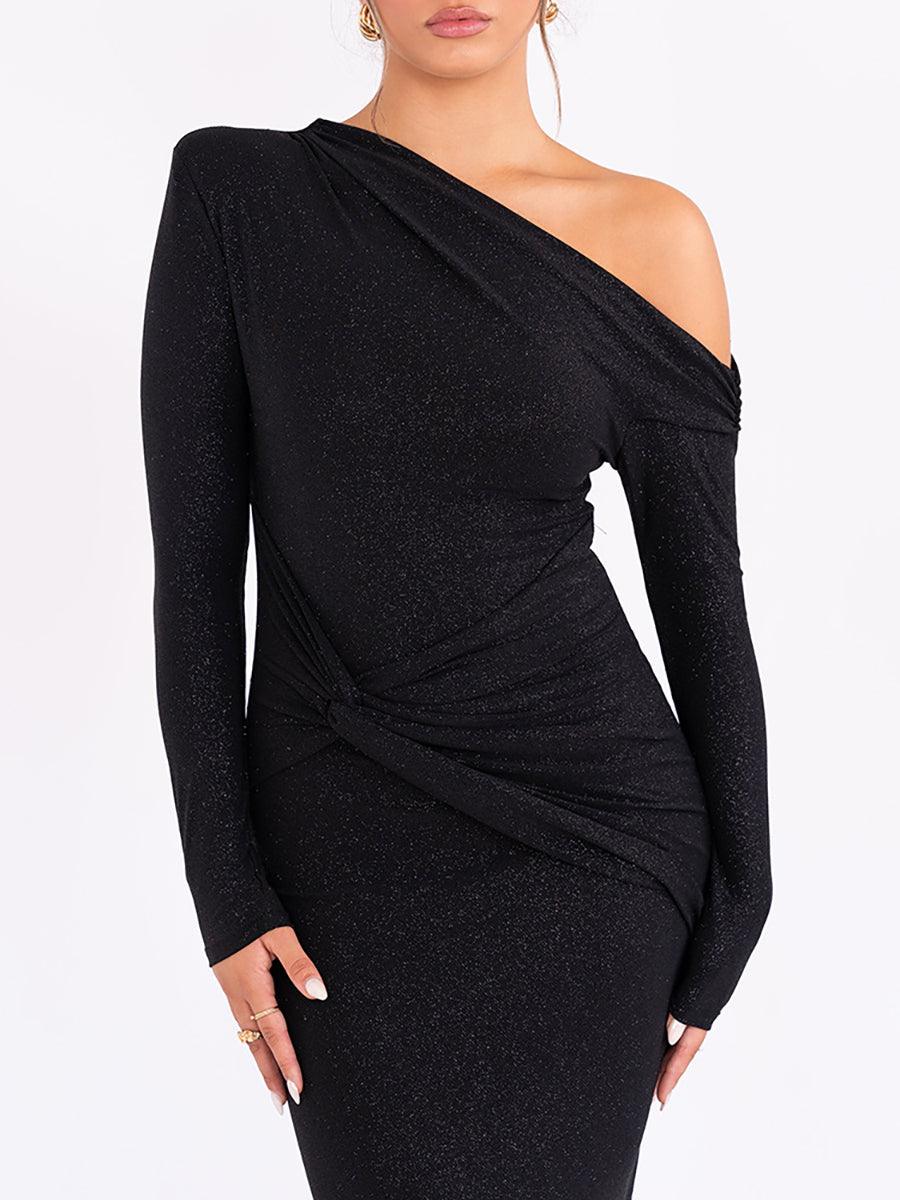 Slash Neck Solid Ruched Knot Prom Dress MYC2023
