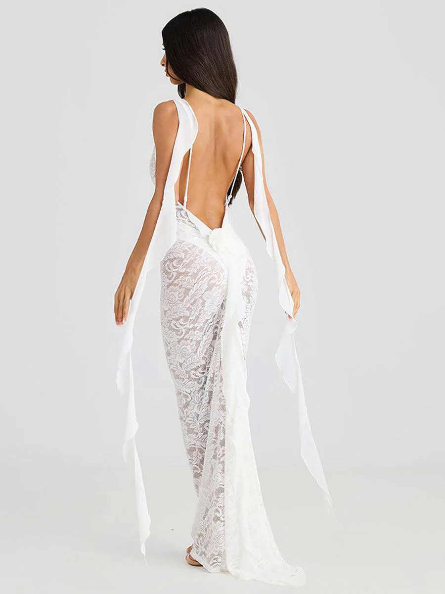 Backless Lace See-through Floral Party Dress MYC2025
